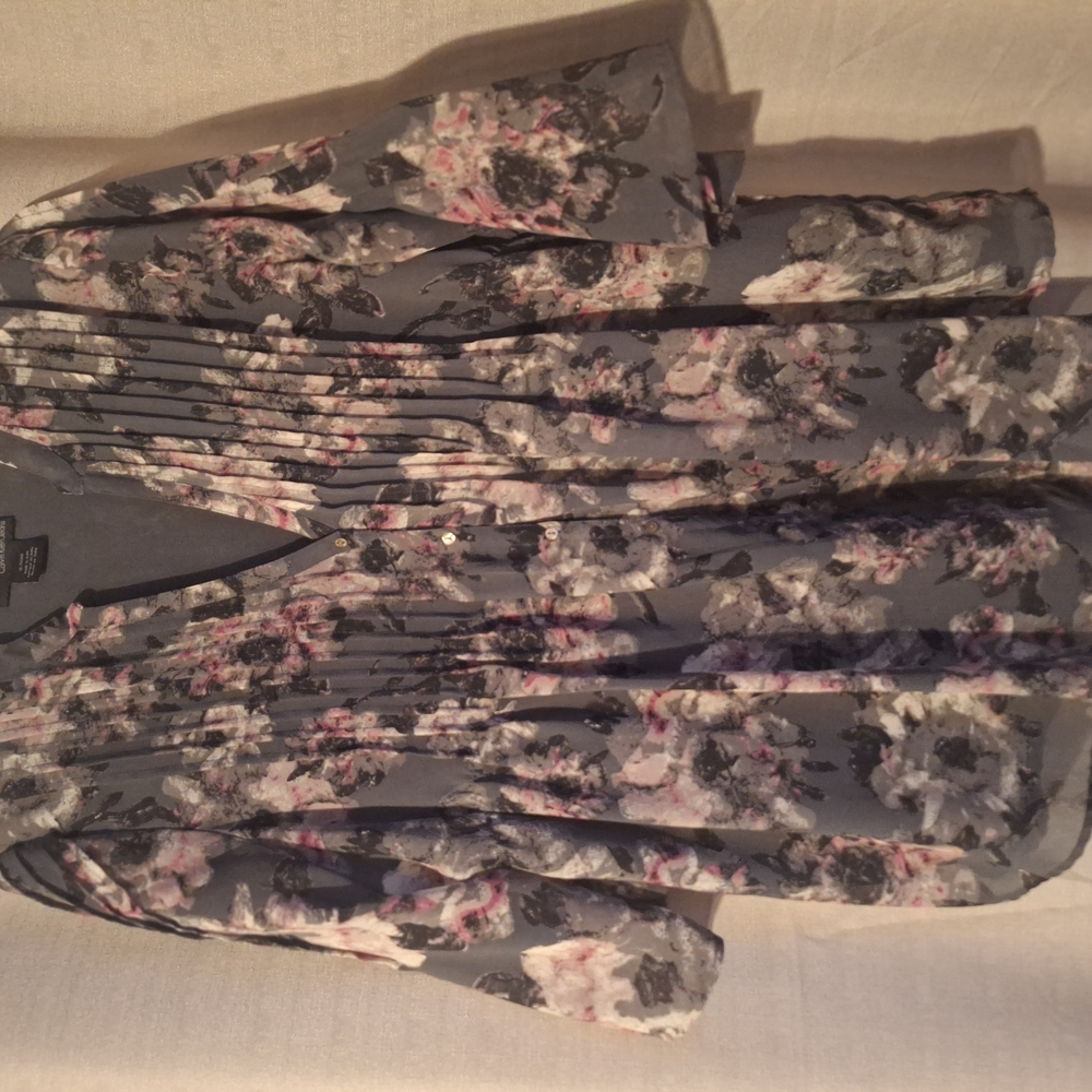 Calvin Klein Pleated Floral Blouse Gray and Pink